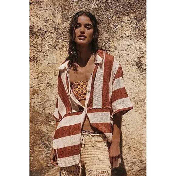 FREE PEOPLE | We The Free Del Mar Open Weave Brown Stripe Cabana Top | Medium - Picture 1 of 9